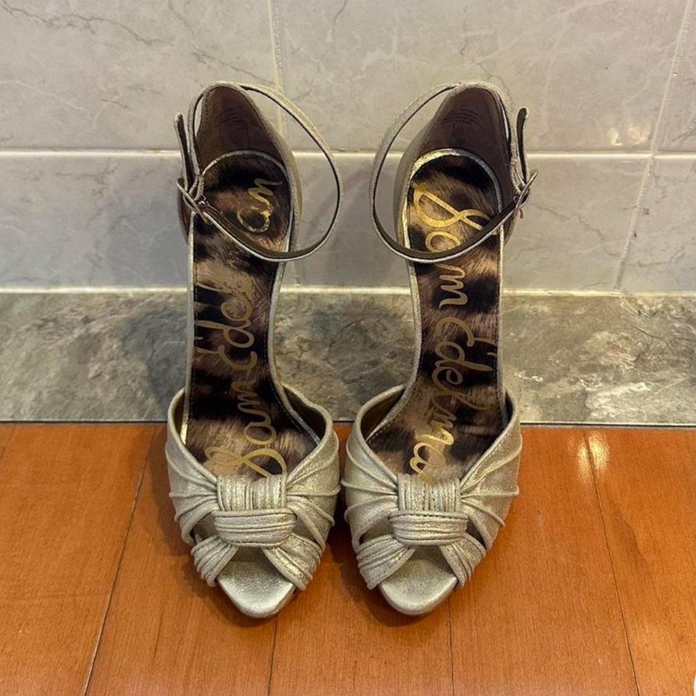 The cutest golden tan peep toe heels. They make your legs look so long.